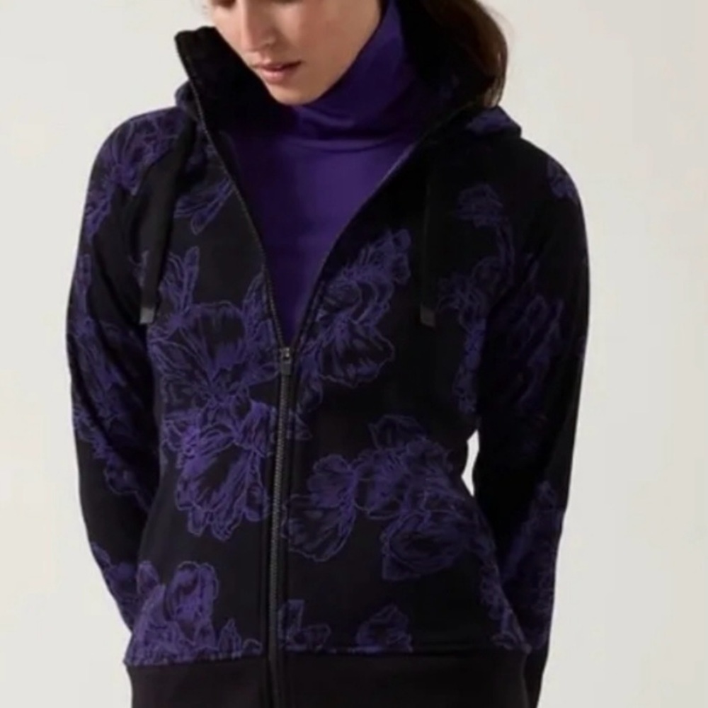 Tall Athleta Triumph Hoodie Jacket Black Astral Bloom Purple Floral Small Tall